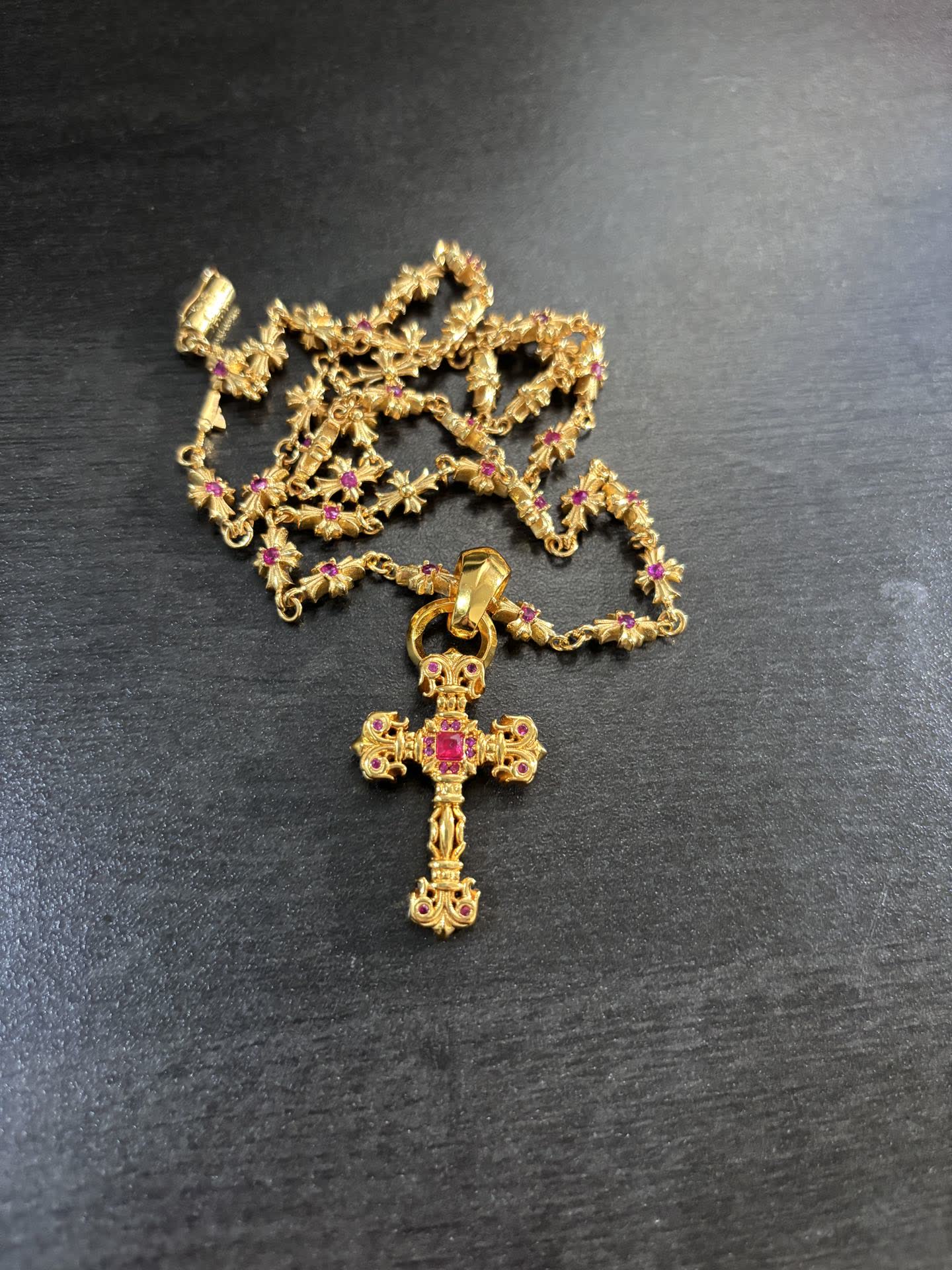 Chrome Hearts Gold Tone Emerald Cross Pendant Necklace